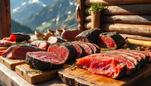 Fresh and juicy meat cuts displayed on rustic wooden boards in a mountain setting, emphasizing