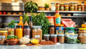 Detailed display of spices, chutneys, sauces, and processed foods from a leading manufacturer,
