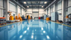 Experienced epoxy resin flooring contractors Birmingham applying durable epoxy coating in a