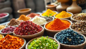Exporters showcasing high-quality spices and herbs in vibrant market display for global clients