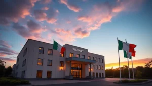 The Embassy Of Ireland building with Irish flags outside, representing diplomatic presence and